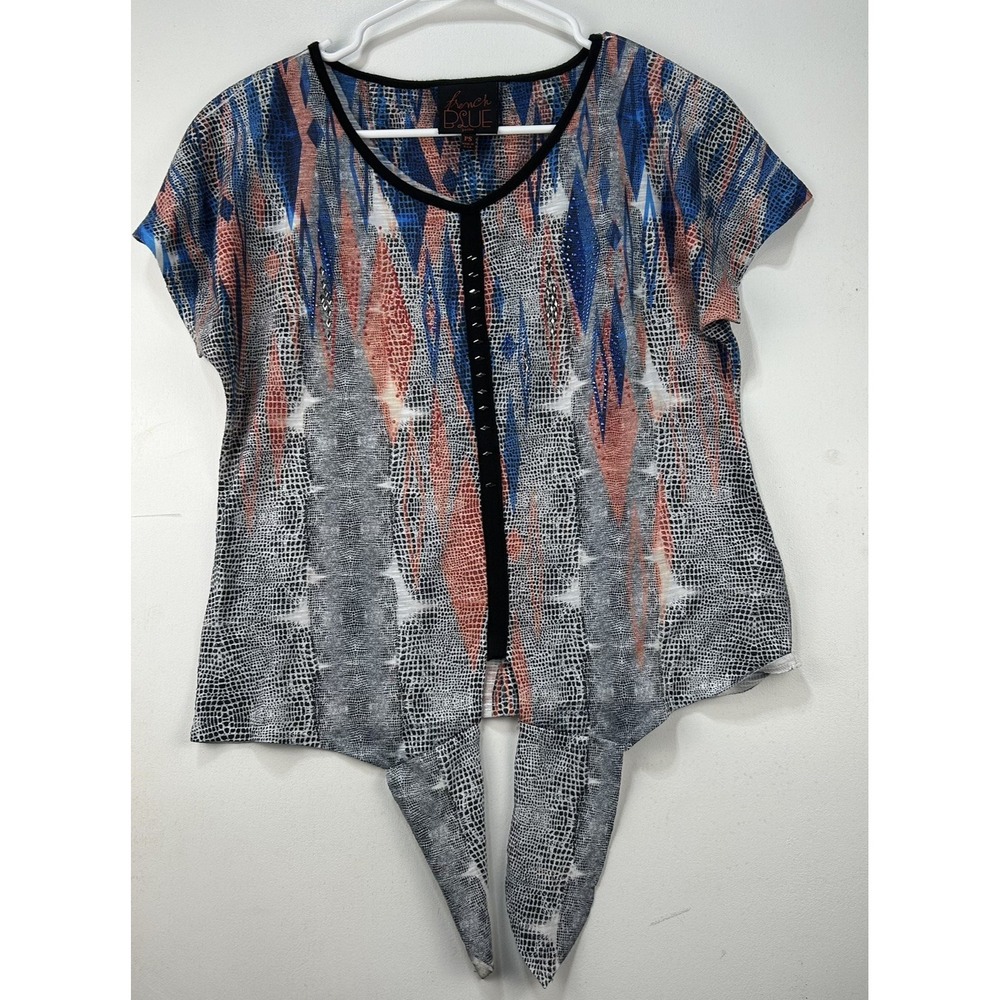 French Blue Petite PS Abstract Sharkbite Hem Top Made USA Asymmetrical Blouse